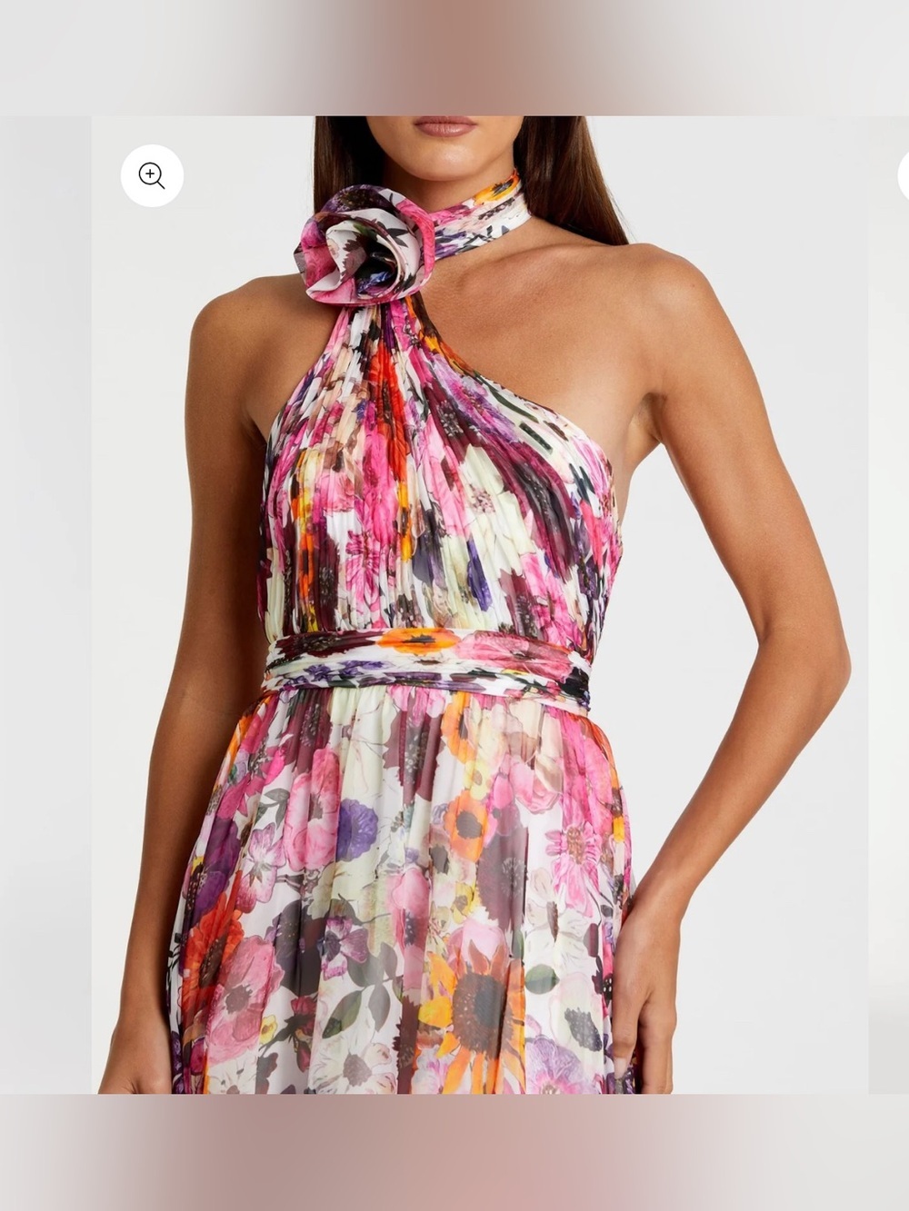 MAC DUGGAL Multicolor Asymmetrical Ruffled Halter Floral Gown - Picture 2 of 7